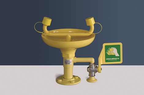 žltá stolová laboratórna očná sprcha CA2212 s ABS plast výlevkou a pákou - havarijná sprcha